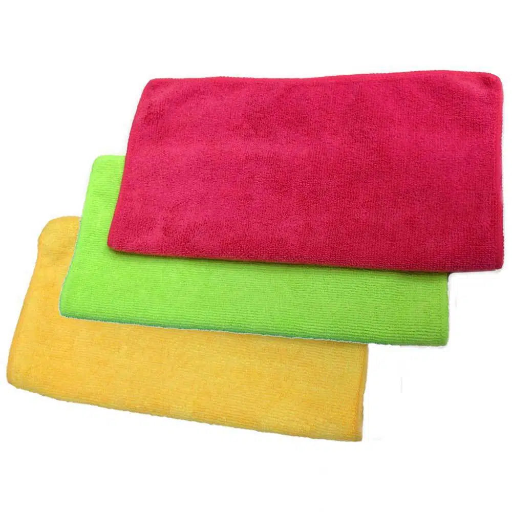 Three colorful microfiber cloths stacked on a white background