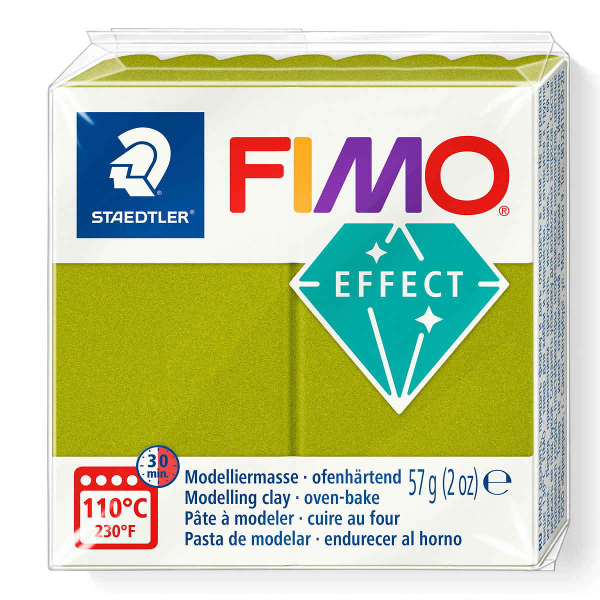 A package of Staedtler FIMO Effect Metallic Green oven-bake modelling clay, 57g (2 oz).