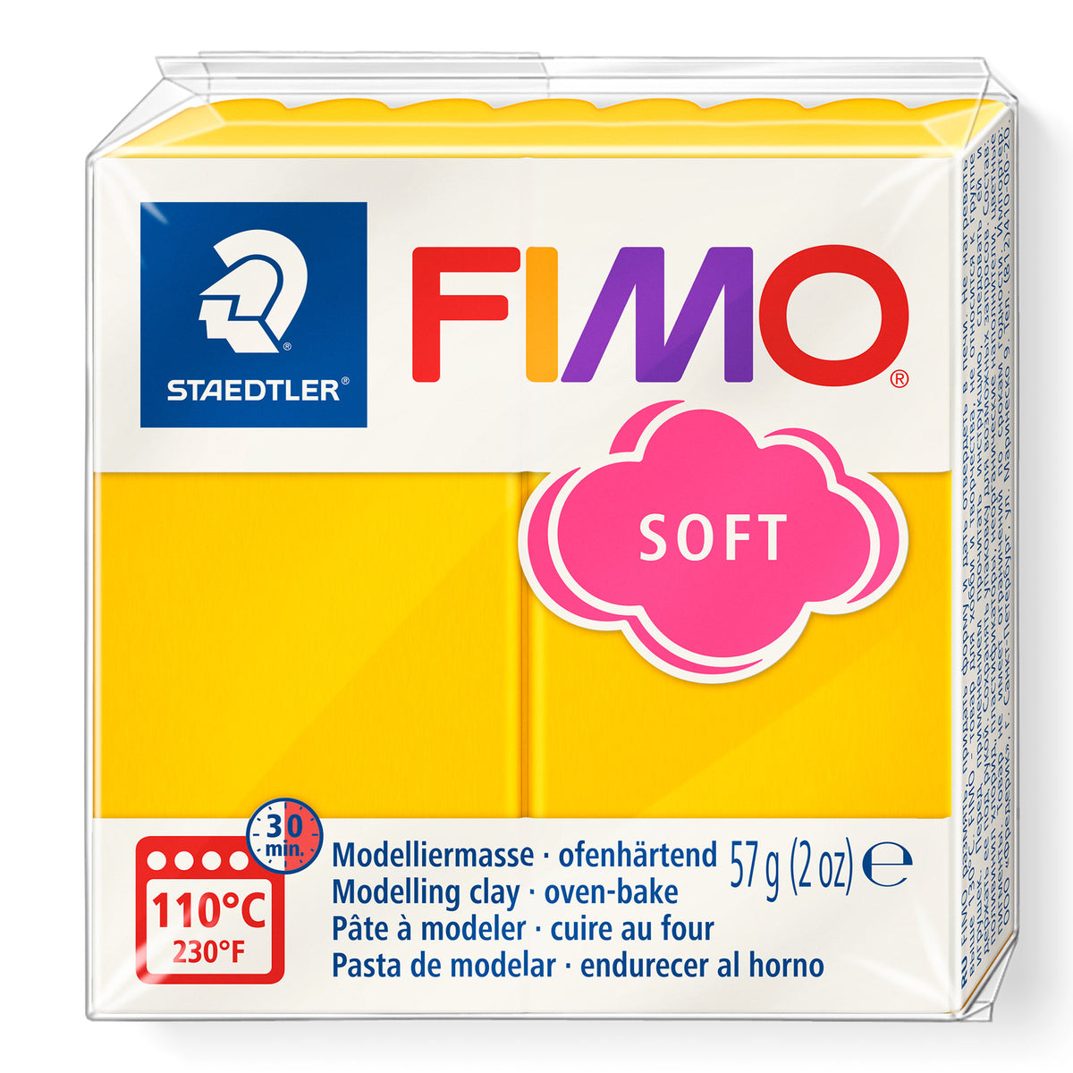 FIMO soft modeling clay package with sunflower colour on a white background