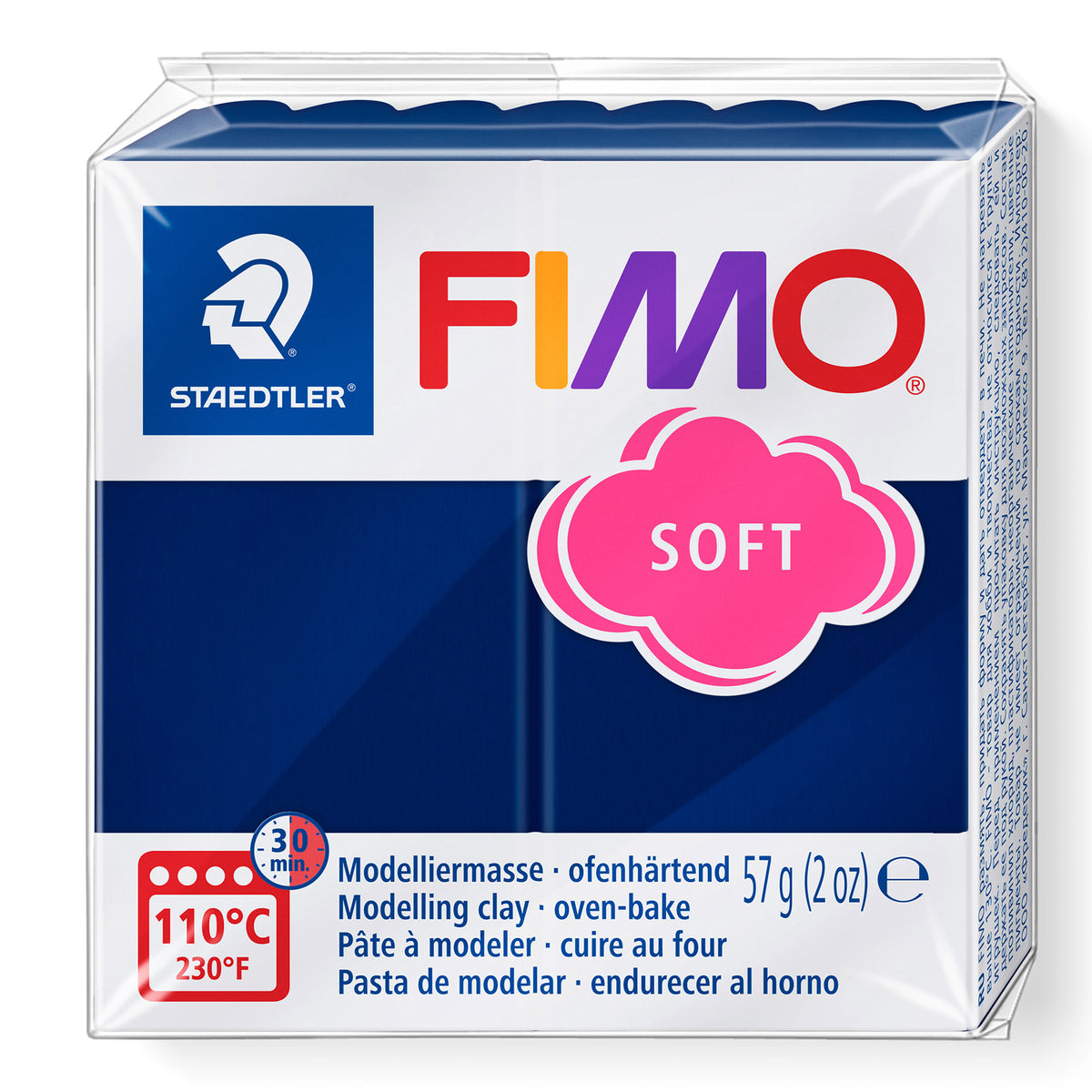 A package of Staedtler FIMO Winsor Blue Soft modelling clay, 57g (2 oz), featuring a white and dark blue box with a pink cloud logo and multicolour FIMO branding.