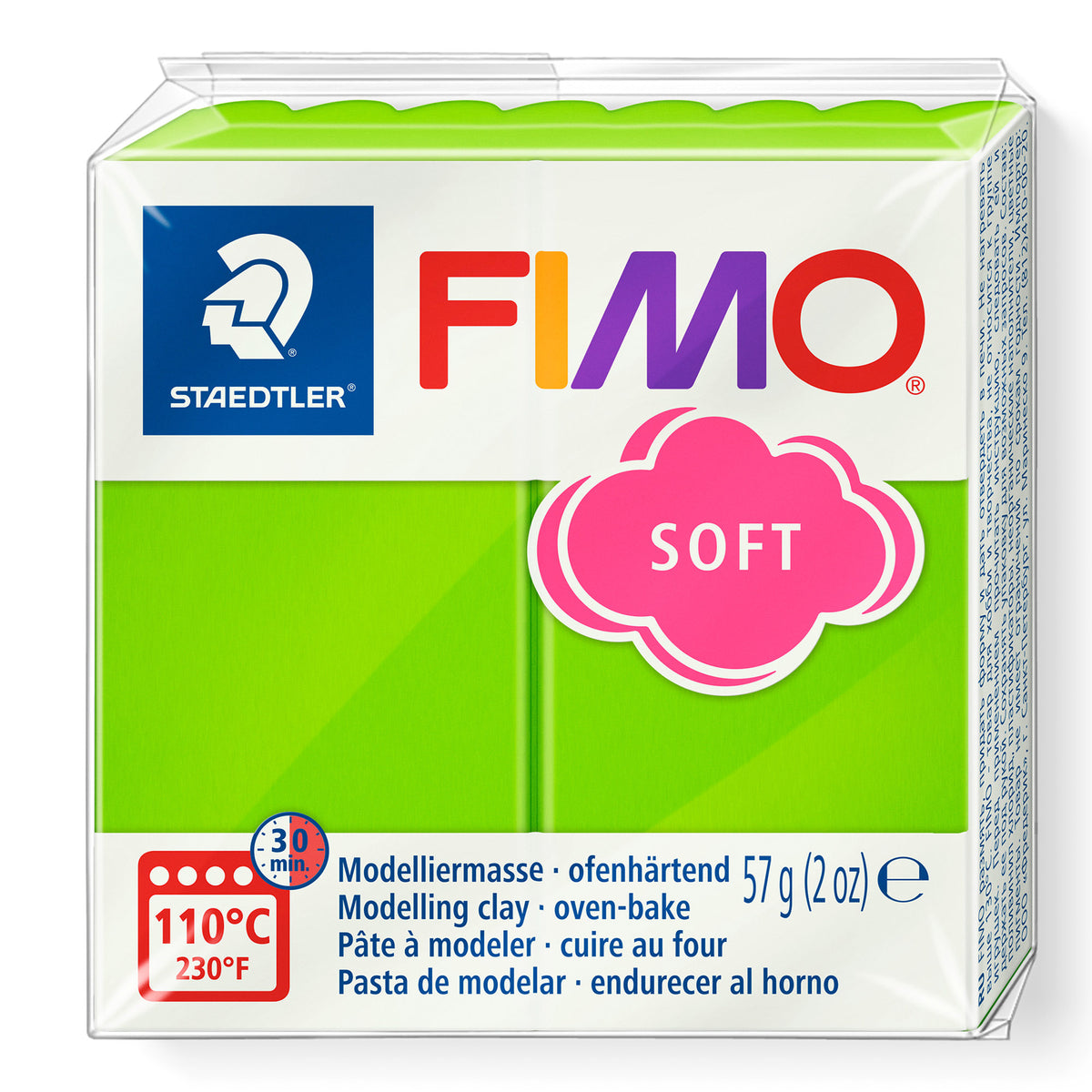 Box of FIMO apple green soft modelling clay 56g on a white background.
