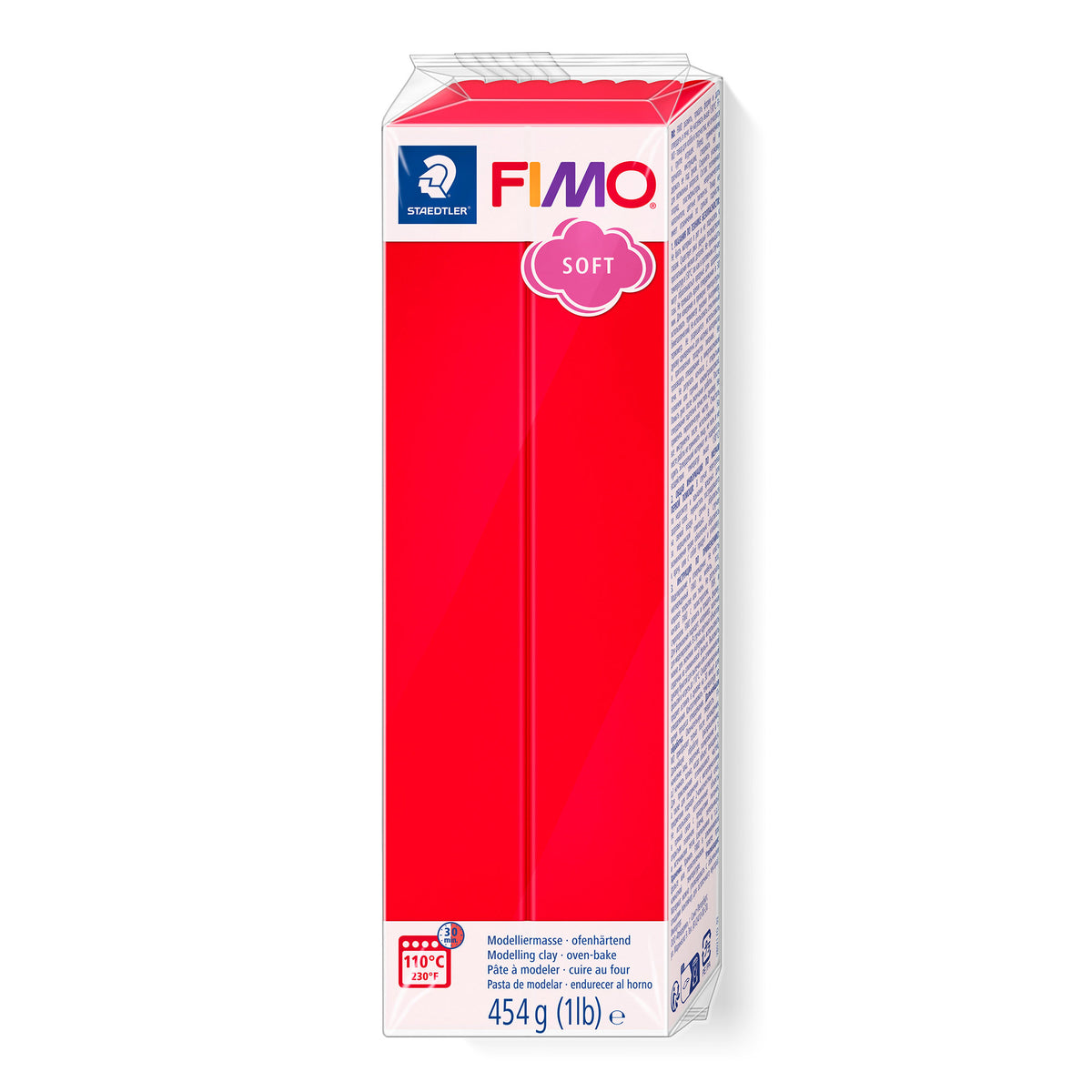 A 454 g (1 lb) block of Fimo Soft Indian Red modelling clay in its original packaging against a plain white background.