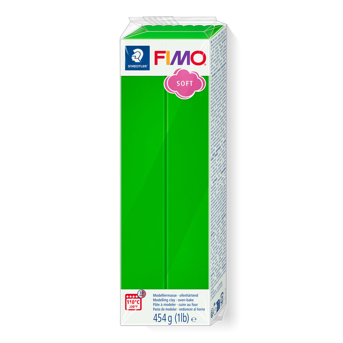 A 454 g (1 lb) block of Fimo Soft Tropical Green modelling clay in its original packaging against a plain white background.