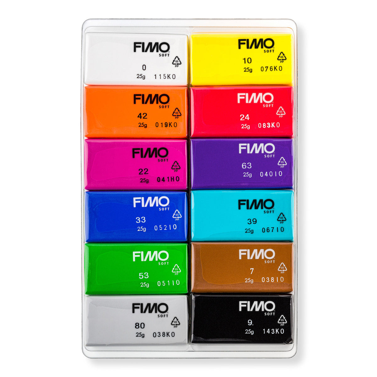 Set of FIMO modeling clay blocks in various colors on a white background