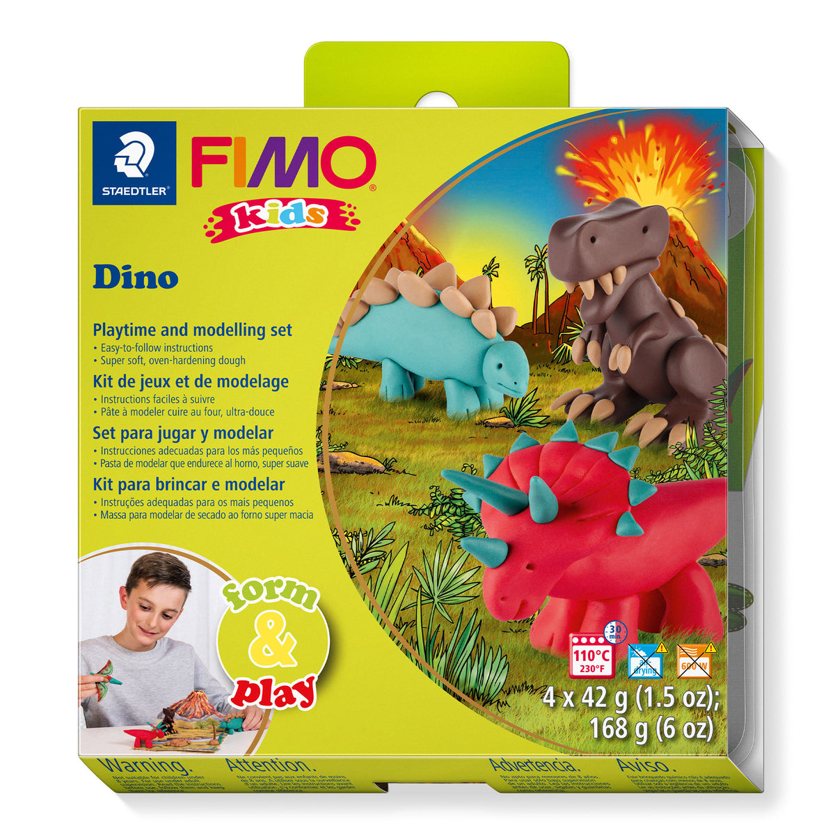 FIMO Kids Dino playtime and modelling set in its original lime green packaging, featuring toy clay dinosaurs and an illustration of a prehistoric scene.