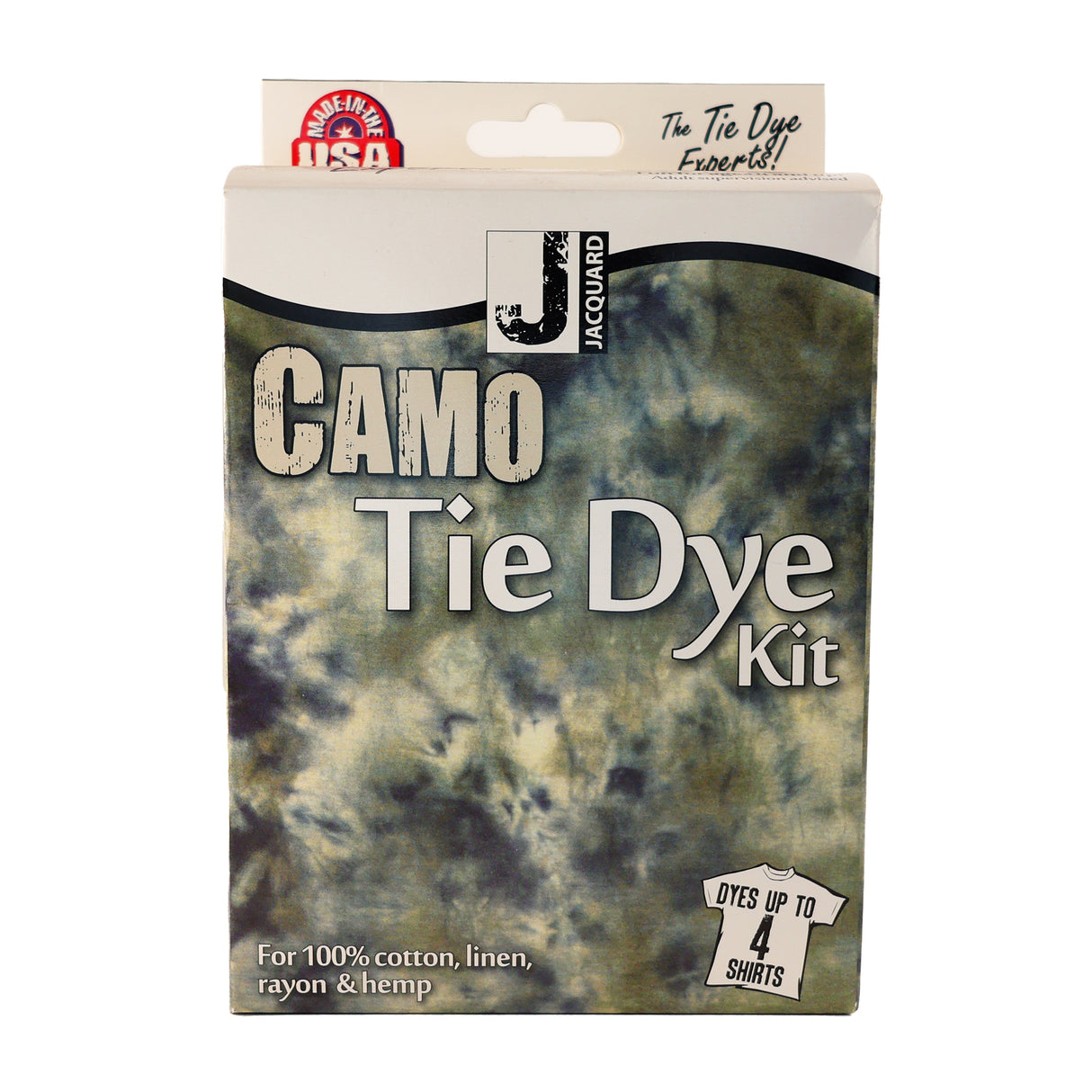 Packaging of Jacquard Jewel Tones Tie Dye Kit with camouflage pattern and product information.