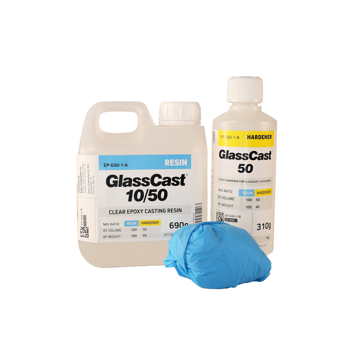 GlassCast epoxy resin and hardener bottles with a blue mixing bag on a white background