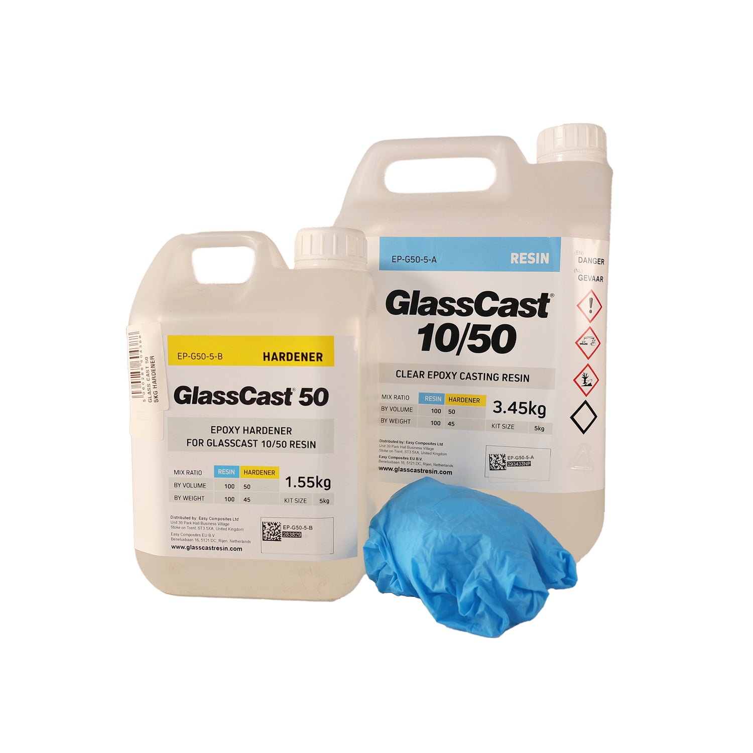 Two bottles of GlassCast 10/50 resin and hardener with a blue glove on a white background