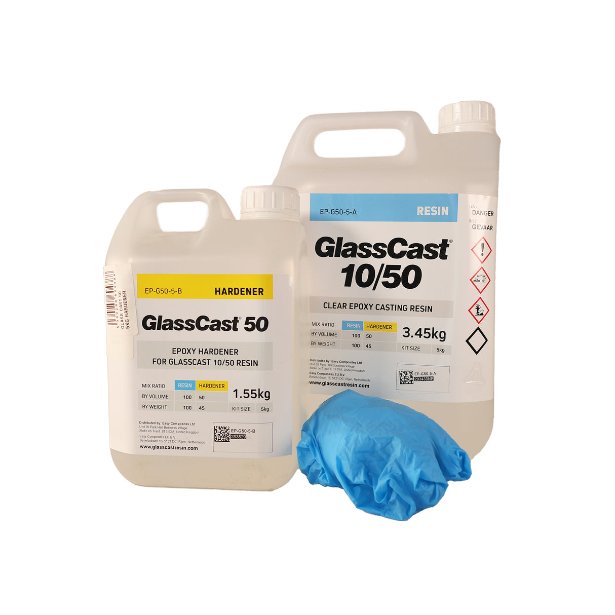Two bottles of GlassCast 10/50 resin and hardener with a blue glove on a white background