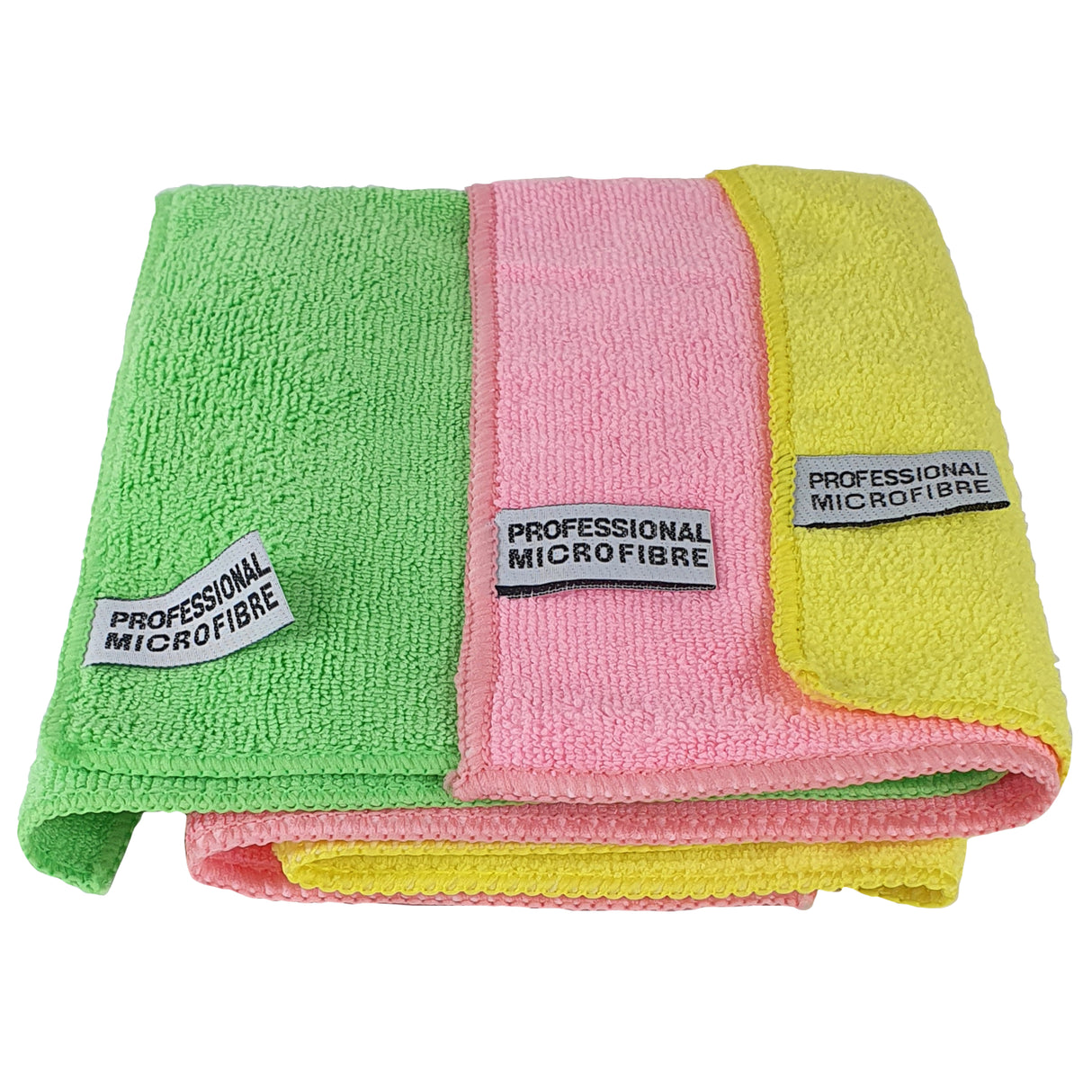 Three microfiber cloths in green, pink, and yellow with 'Professional Microfibre' labels on a white background.