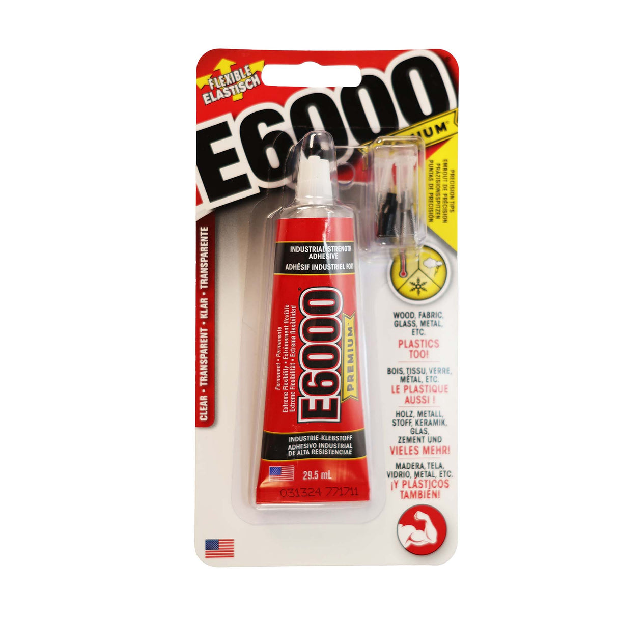 E6000 Premium adhesive 29.5ml with precision tips in packaging on a white background