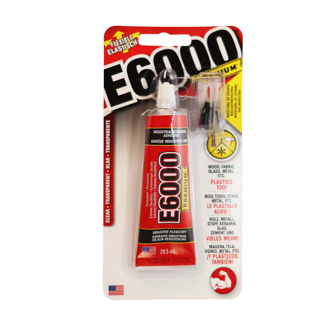 E6000 Premium adhesive 29.5ml with precision tips in packaging on a white background