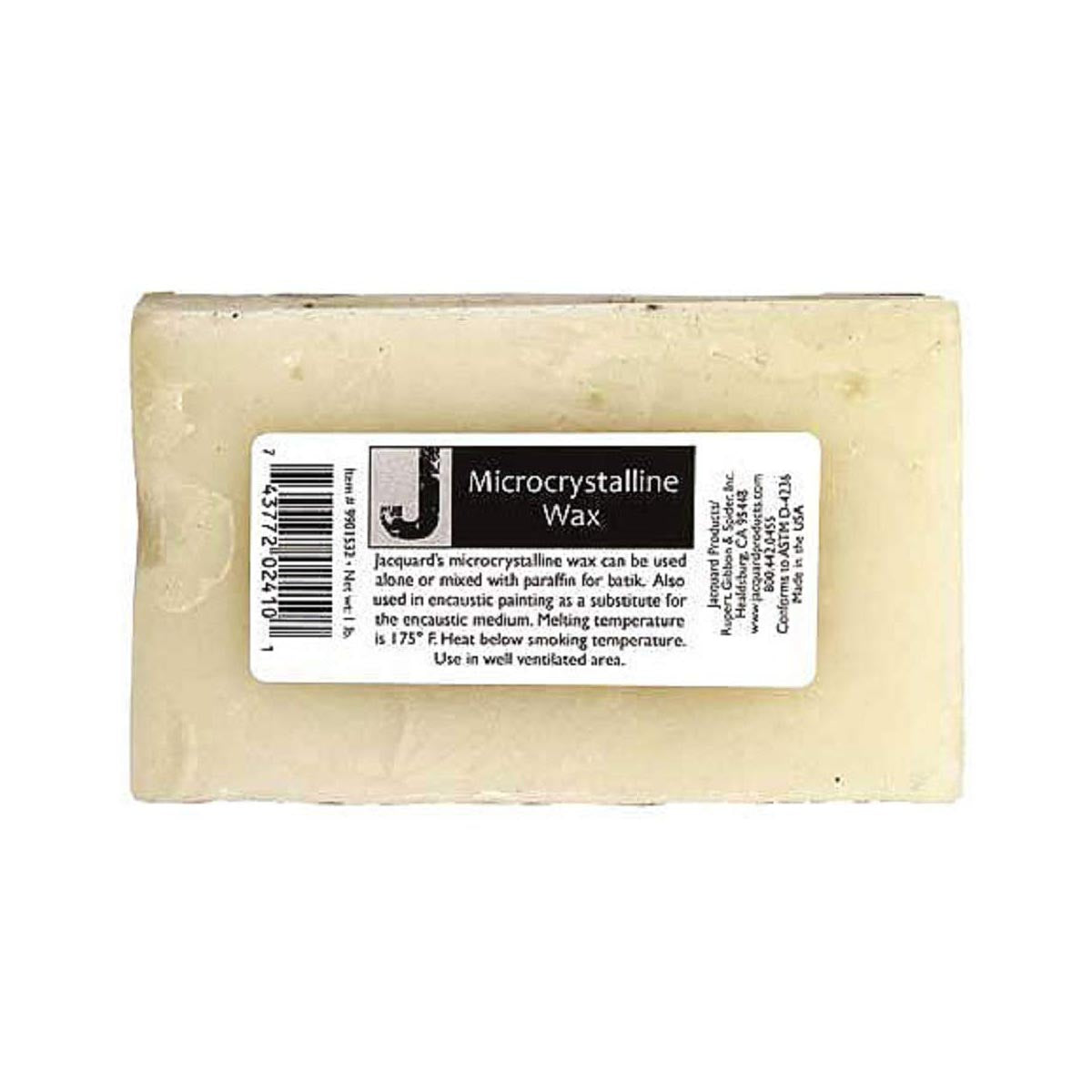 Block of Jacquard microcrystalline wax with a label on a white background