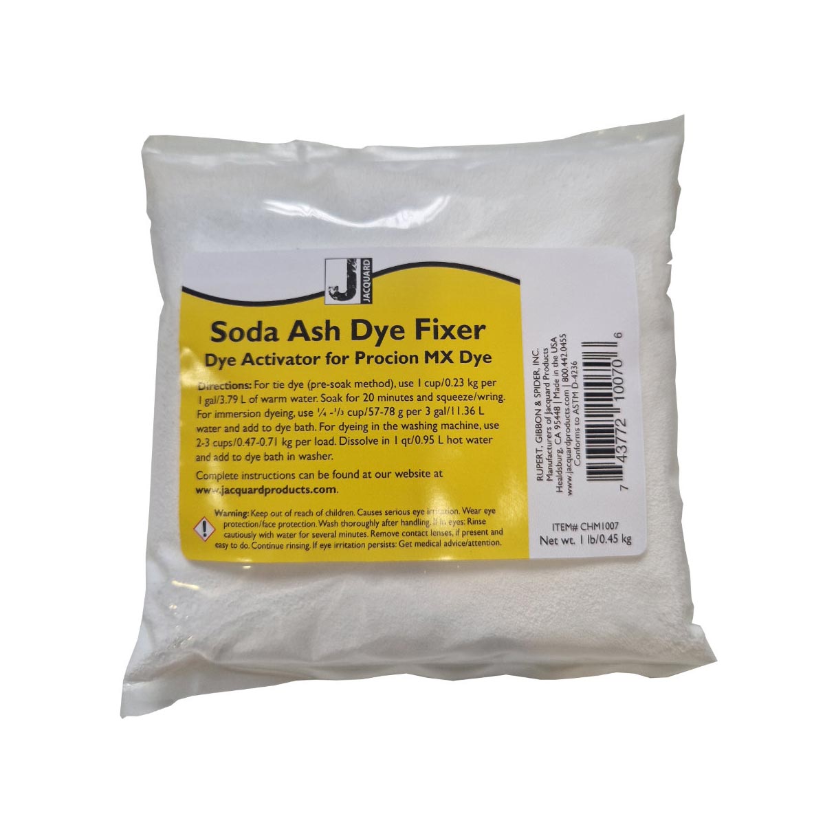 Package of soda ash dye fixer with a yellow label on a white background