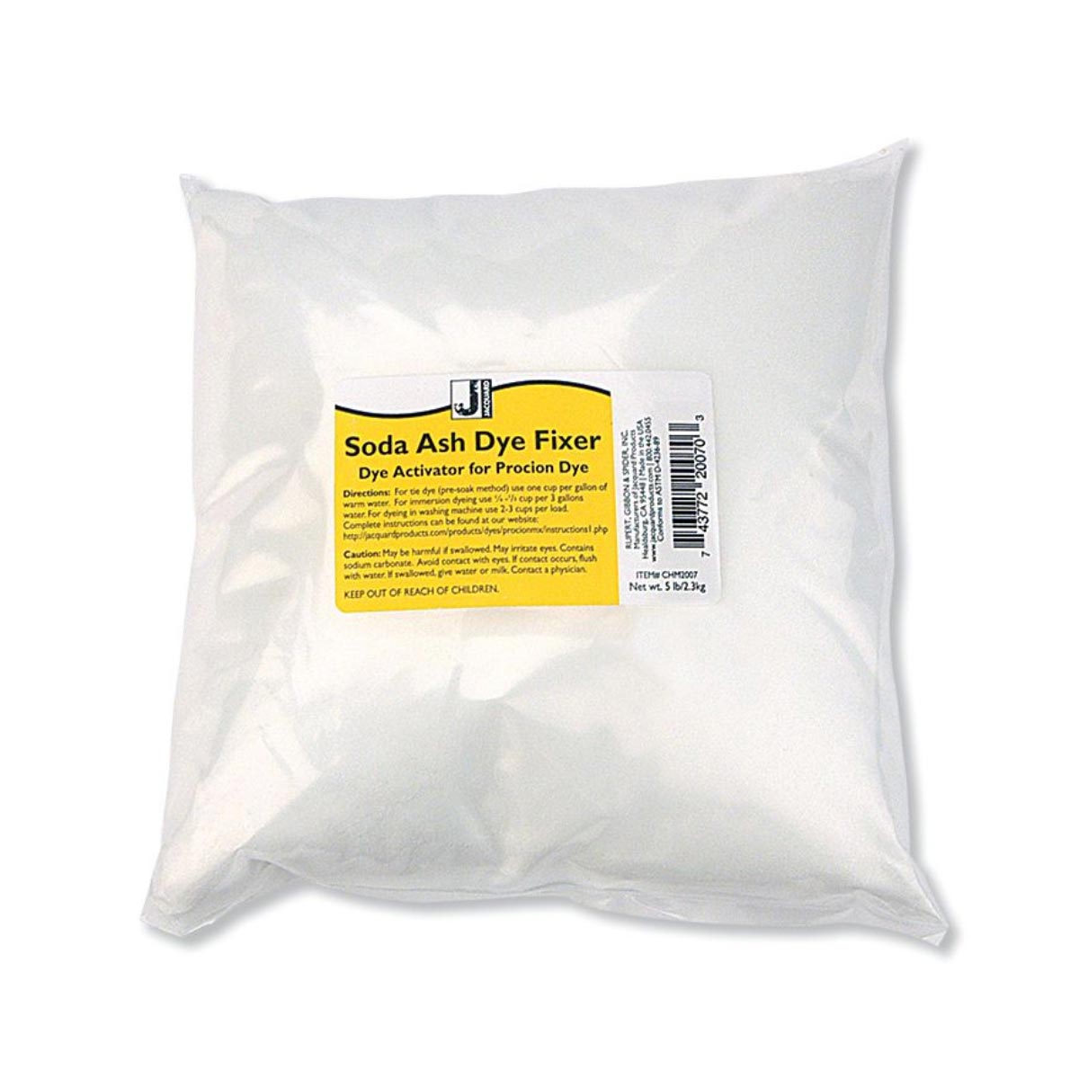Package of Soda Ash Dye Fixer with a yellow label on a white background