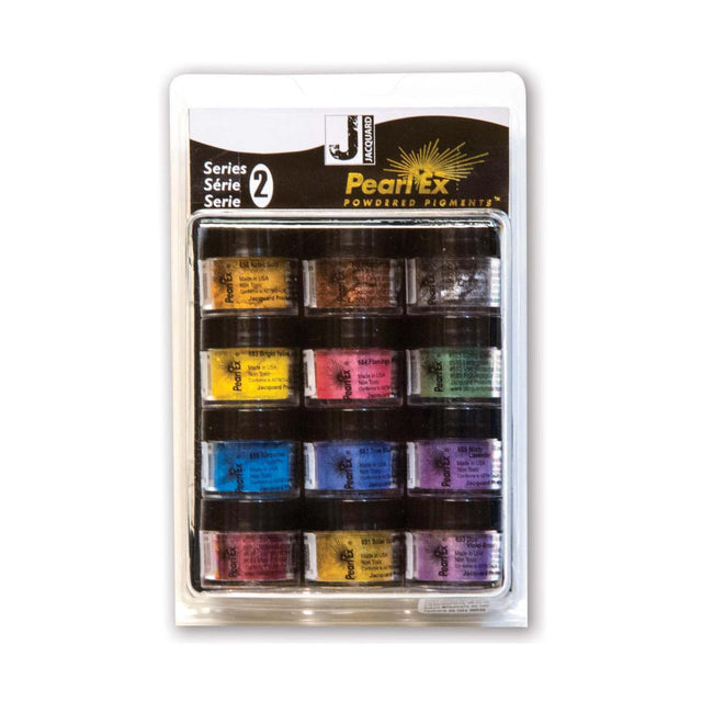 Packaged set of PearlEx mica pigments with various colors on a white background