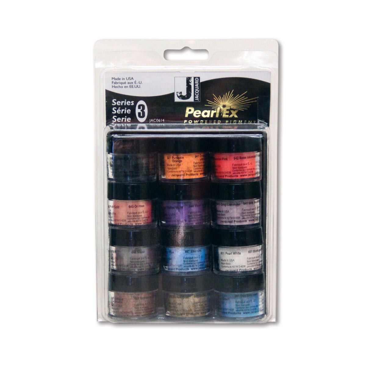 Jacquard PearlEx Mica Powder set of 12 jars in packaging on a white background