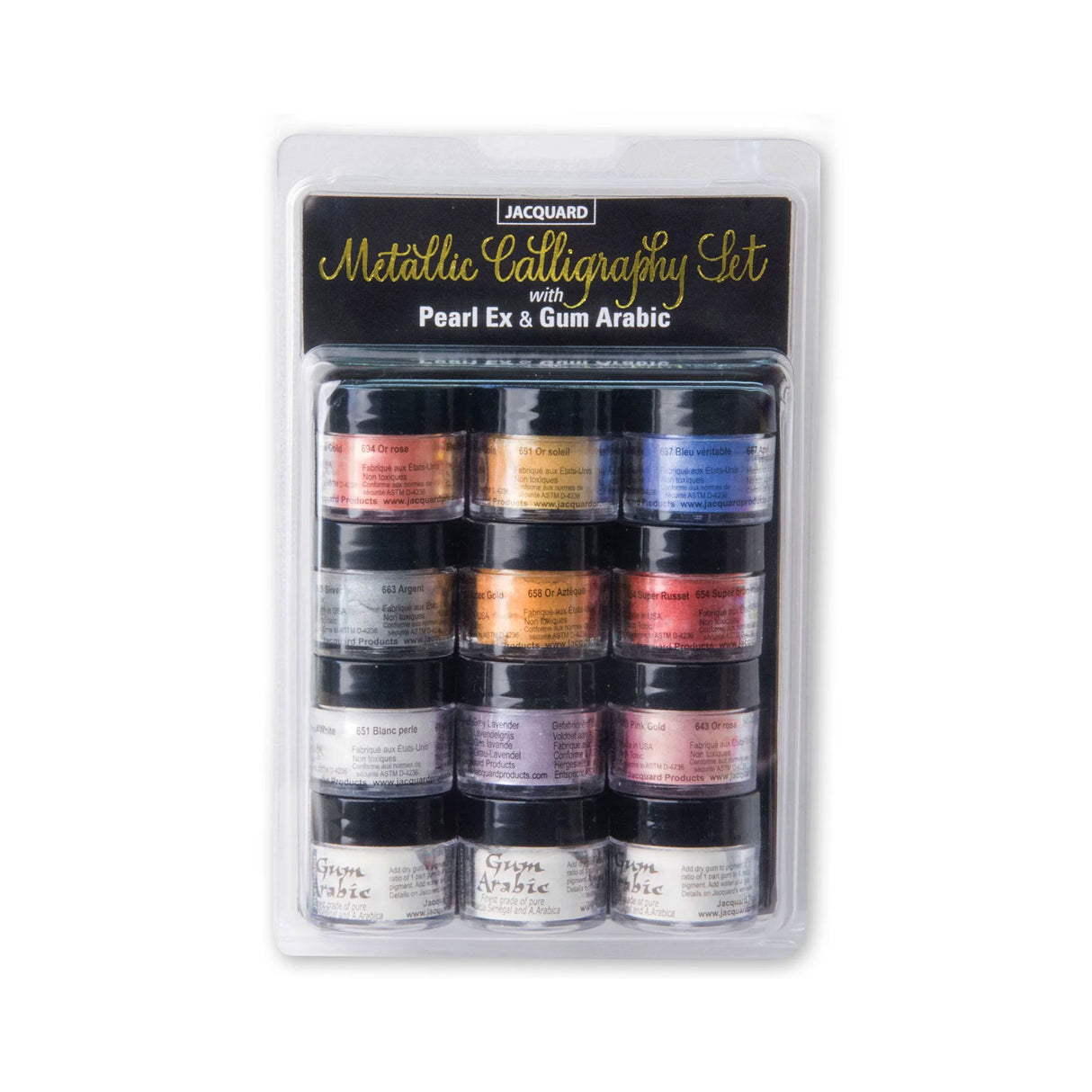 Packaged set of Pearl Ex with Gum Arabic metallic calligraphy pigments with colorful jars on a white background