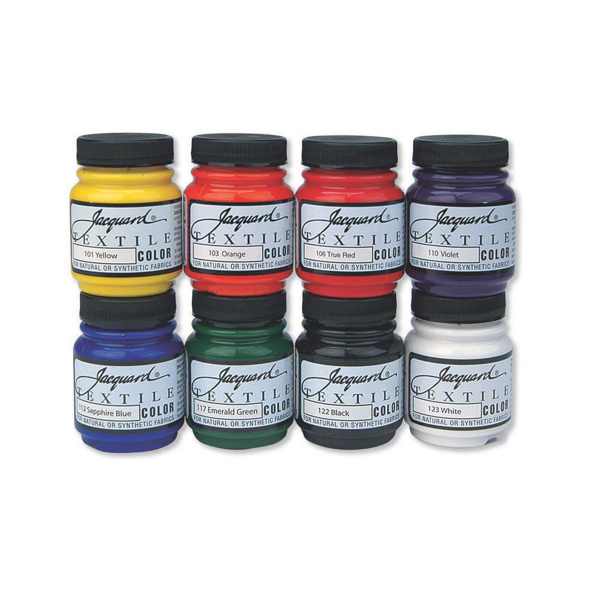 Set of Jacquard textile color bottles in various colors on a white background