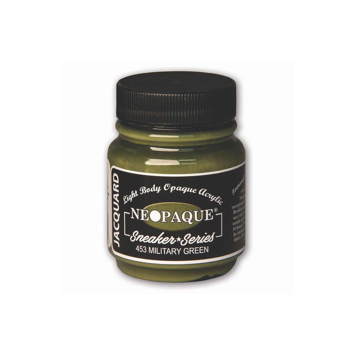 A jar of Jacquard Neo Opaque Fabric Paint Military Green.