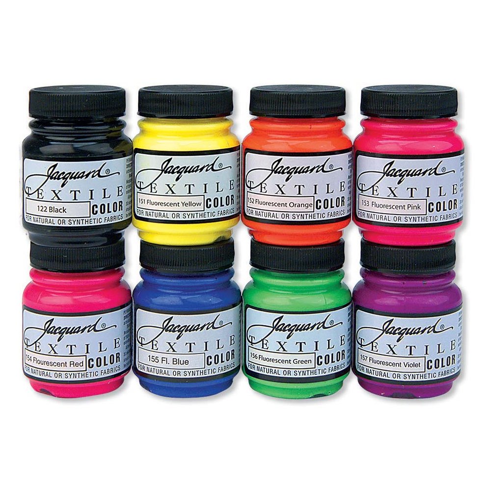 8 Jars of Jacquard Textile color in neon colours on a white background