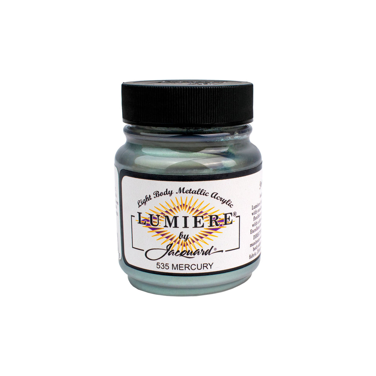 Jar of Mercury Lumiere by Jacquard acrylic paint in Mercury color on a white background