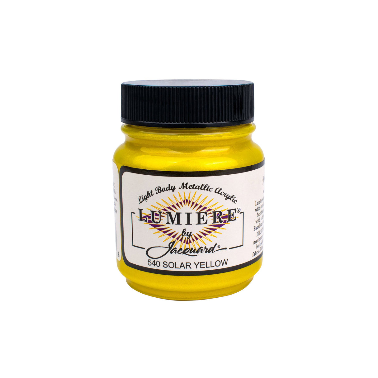 Yellow paint jar with black lid on a white background