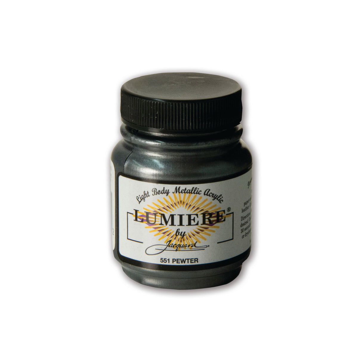 Jar of Lumiere by Jacquard acrylic paint in Pewter color on a white background