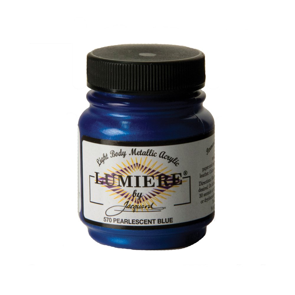 Blue acrylic paint jar with black lid on a white background