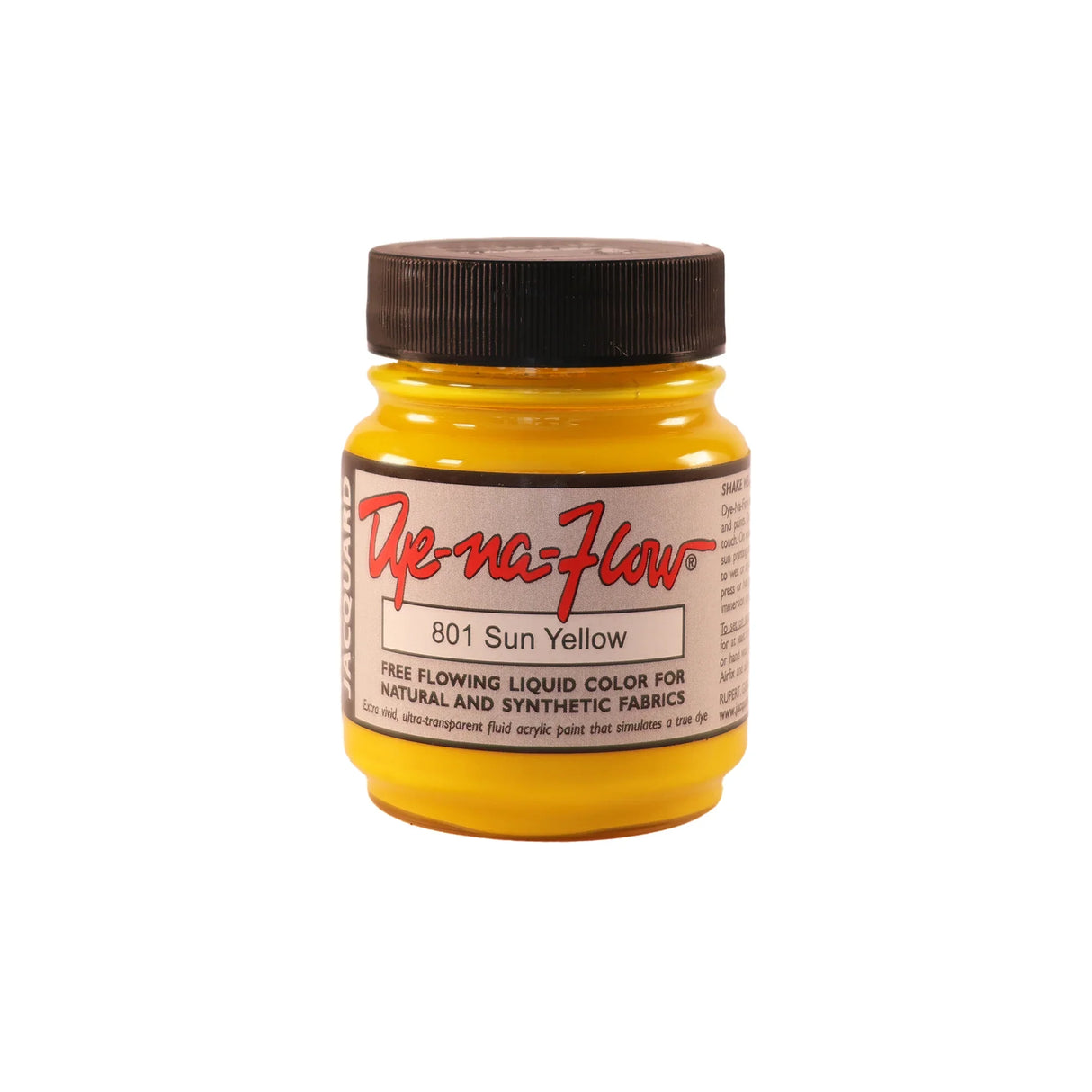 A jar of Jacquard Dye-Na-Flow fabric liquid paint in 801 Sun Yellow colour, intended for use on natural and synthetic fabrics