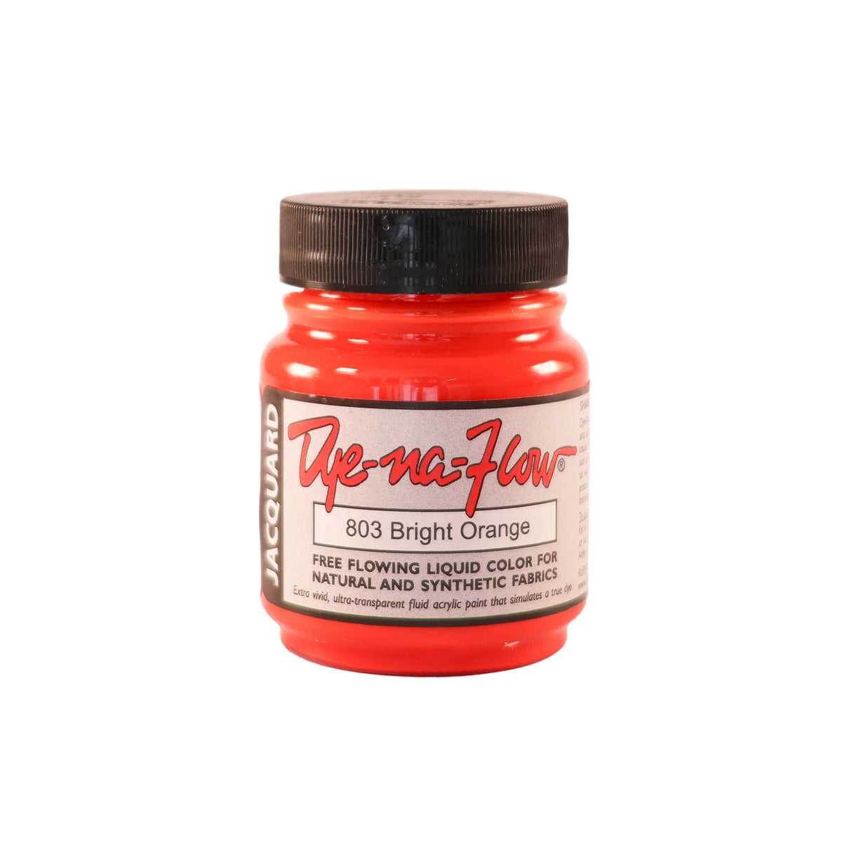 A jar of Jacquard Dye-Na-Flow fabric liquid paint in 803 Bright Orange colour, intended for use on natural and synthetic fabrics