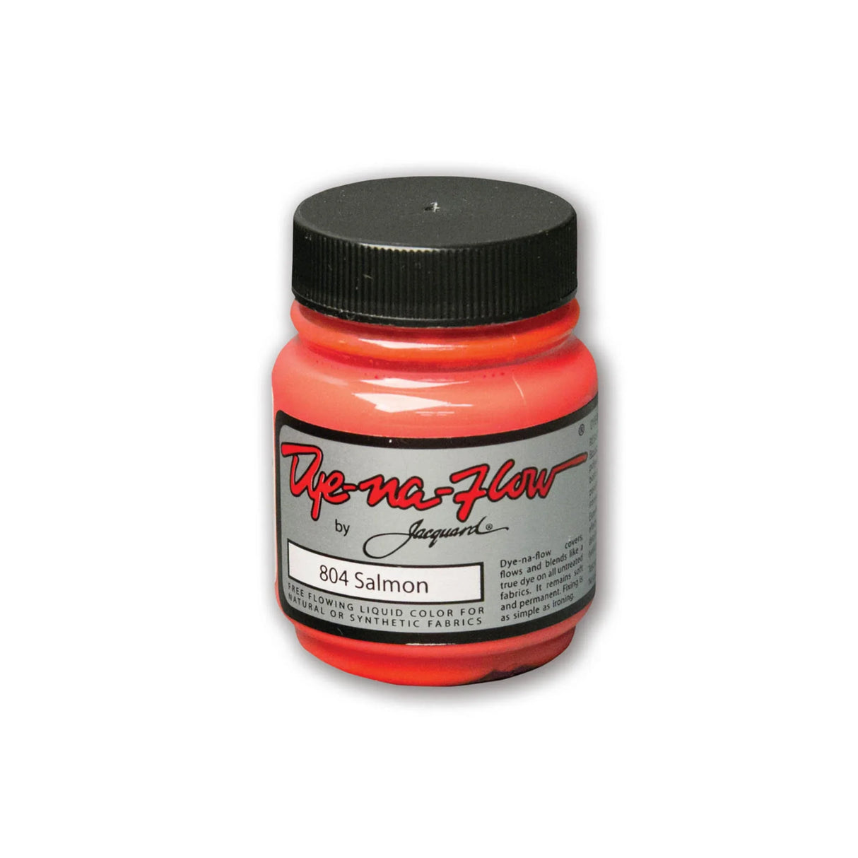 A jar of Jacquard Dye-Na-Flow fabric liquid paint in 804 Salmon colour, intended for use on natural and synthetic fabrics