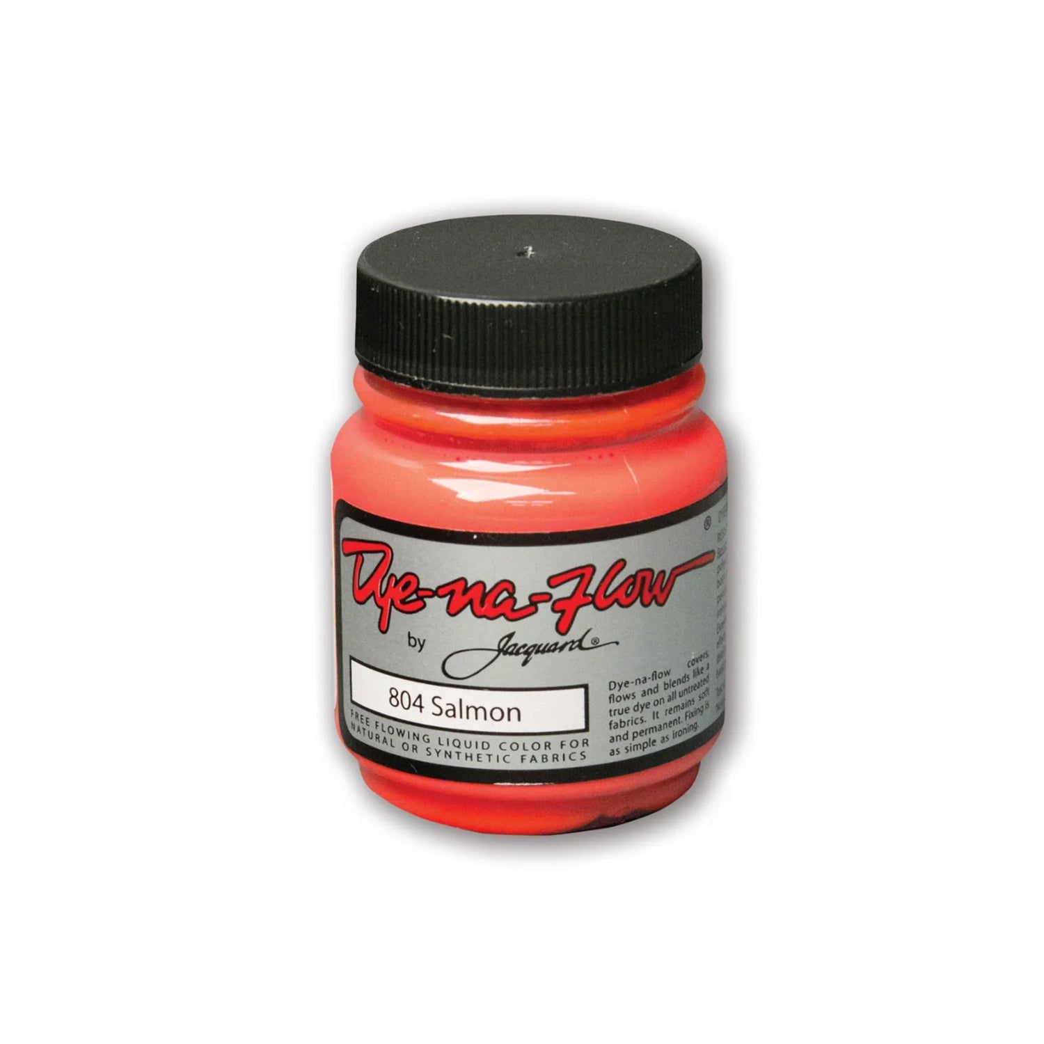 A jar of Jacquard Dye-Na-Flow fabric liquid paint in 804 Salmon colour, intended for use on natural and synthetic fabrics