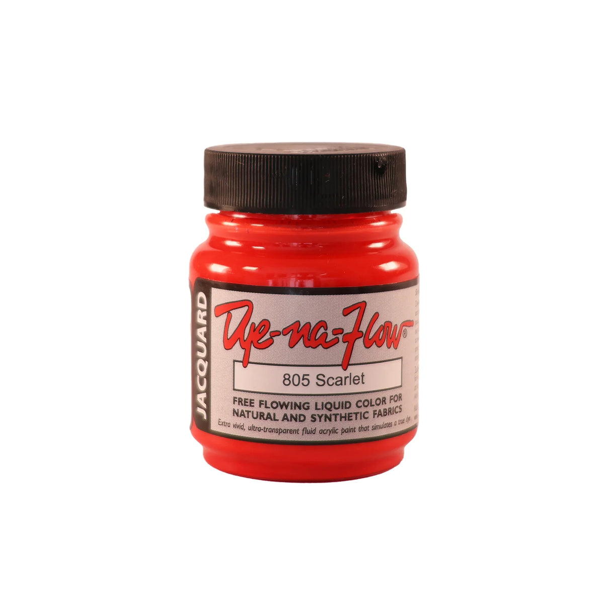 A jar of Jacquard Dye-Na-Flow fabric liquid paint in 805 Scarlet colour, intended for use on natural and synthetic fabrics