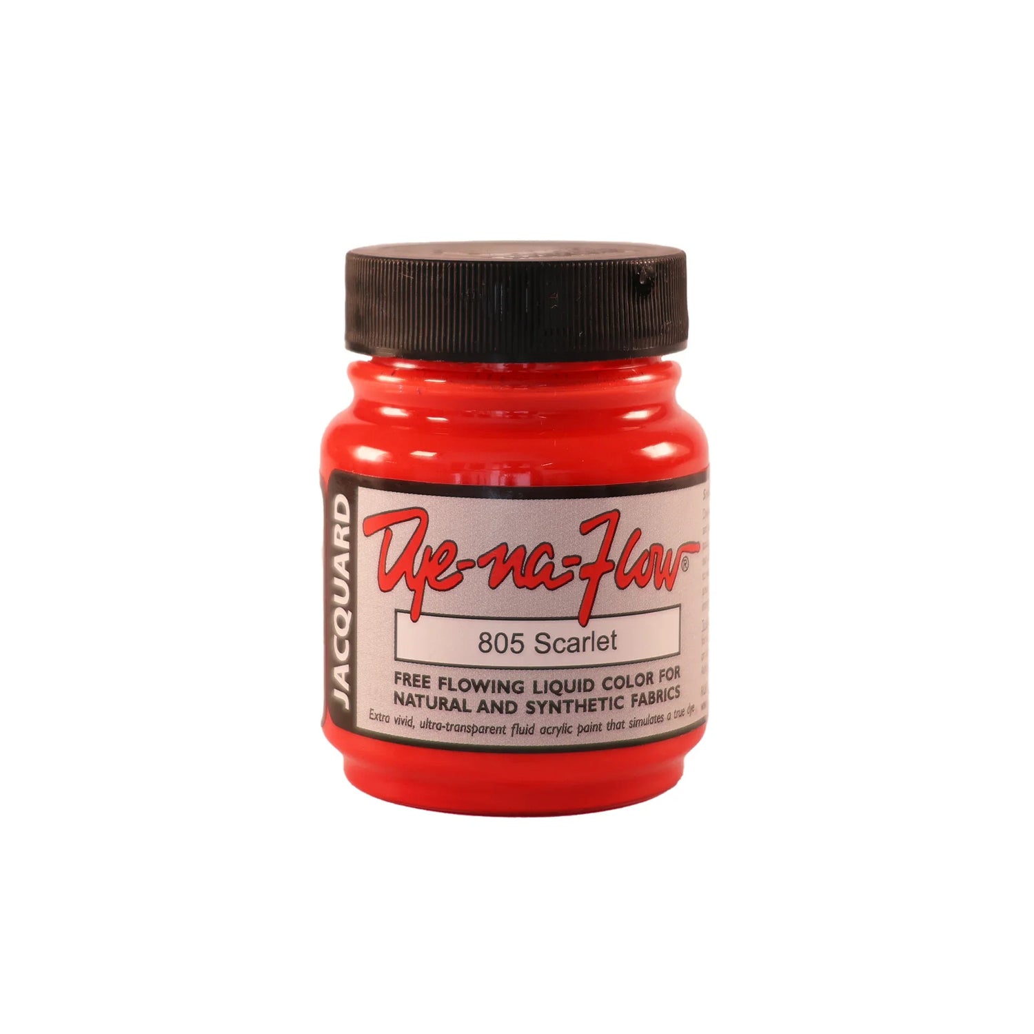A jar of Jacquard Dye-Na-Flow fabric liquid paint in 805 Scarlet colour, intended for use on natural and synthetic fabrics