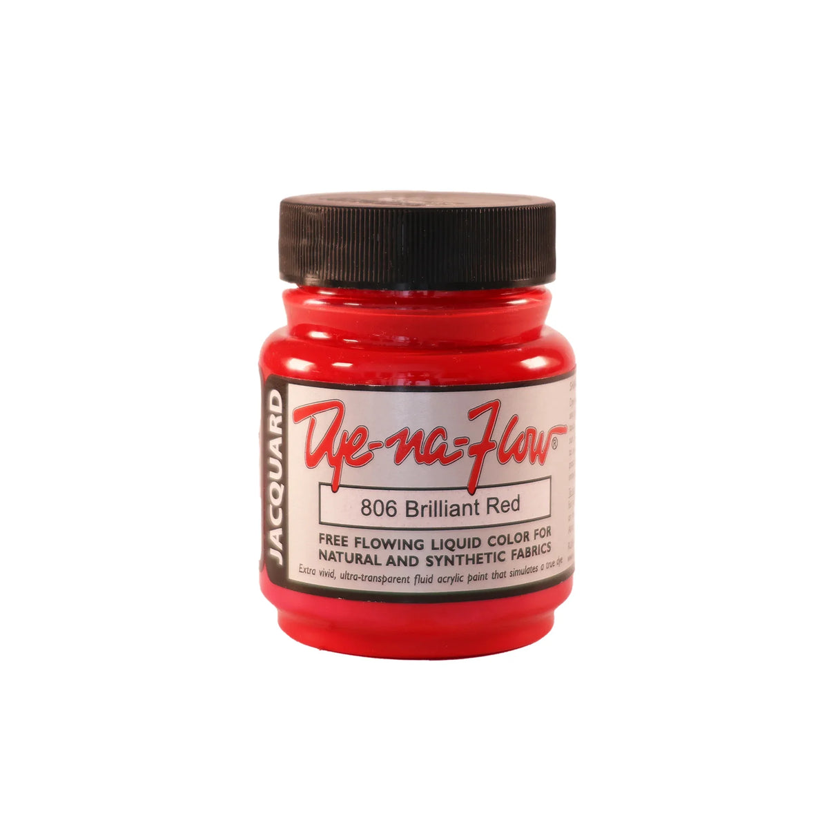 A jar of Jacquard Dye-Na-Flow fabric liquid paint in 806 Brilliant Red colour, intended for use on natural and synthetic fabrics