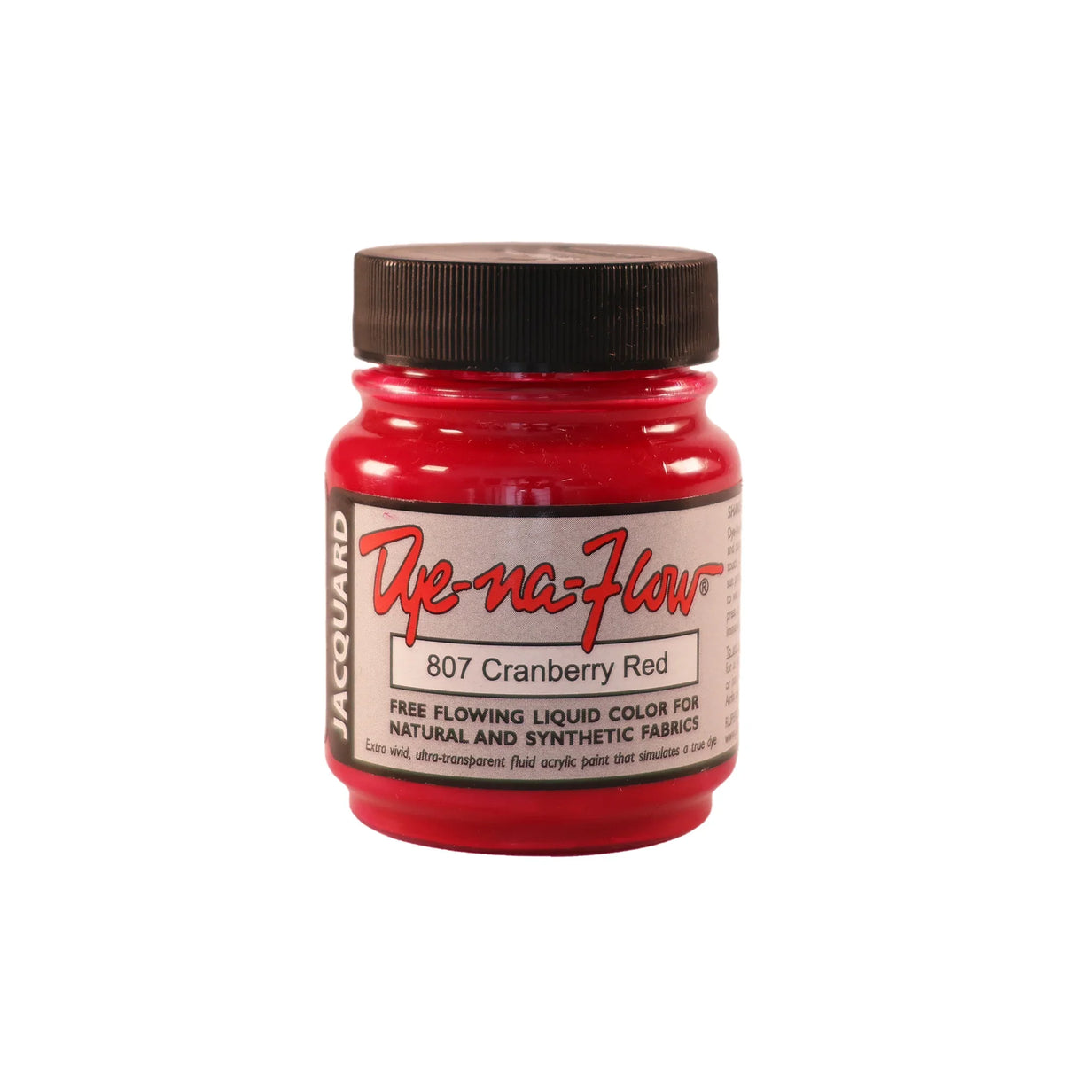 A jar of Jacquard Dye-Na-Flow fabric liquid paint in 807 Cranberry Red colour, intended for use on natural and synthetic fabrics