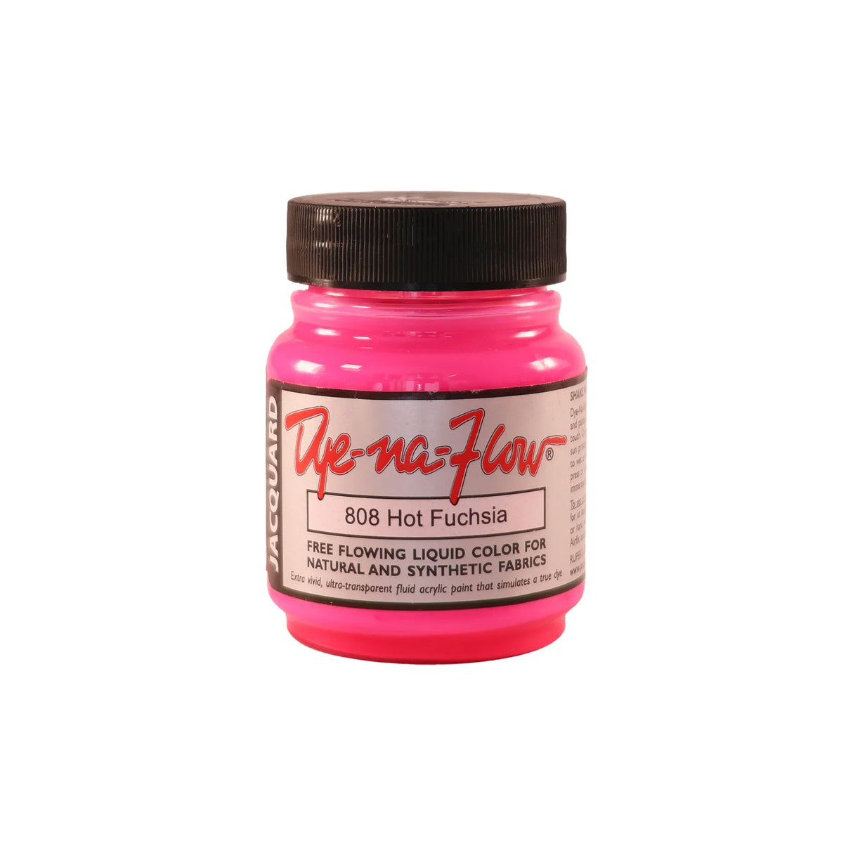 A jar of Jacquard Dye-Na-Flow fabric liquid paint in 808 Hot Fuchsia colour, intended for use on natural and synthetic fabrics.