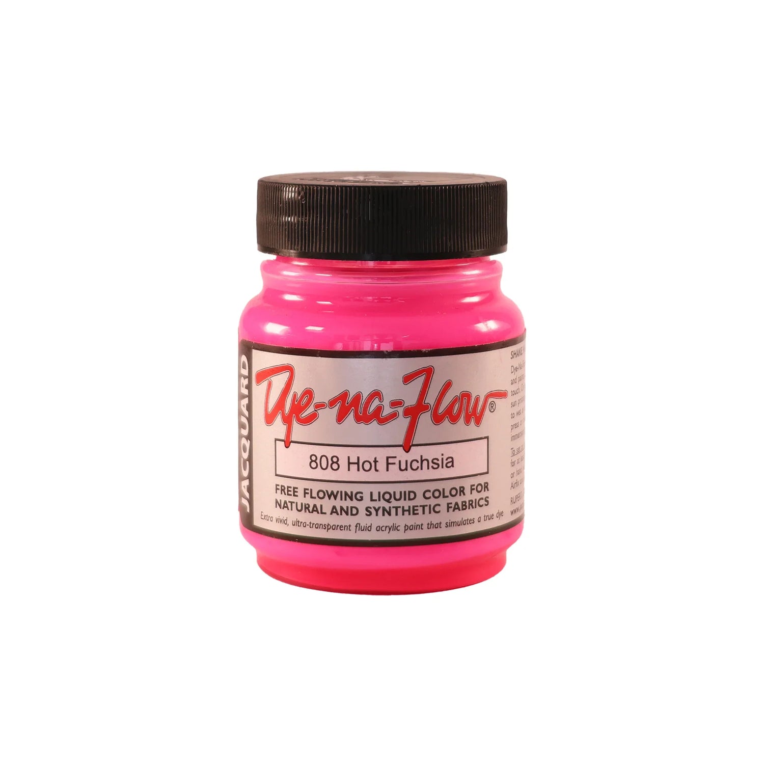 A jar of Jacquard Dye-Na-Flow fabric liquid paint in 808 Hot Fuchsia colour, intended for use on natural and synthetic fabrics.