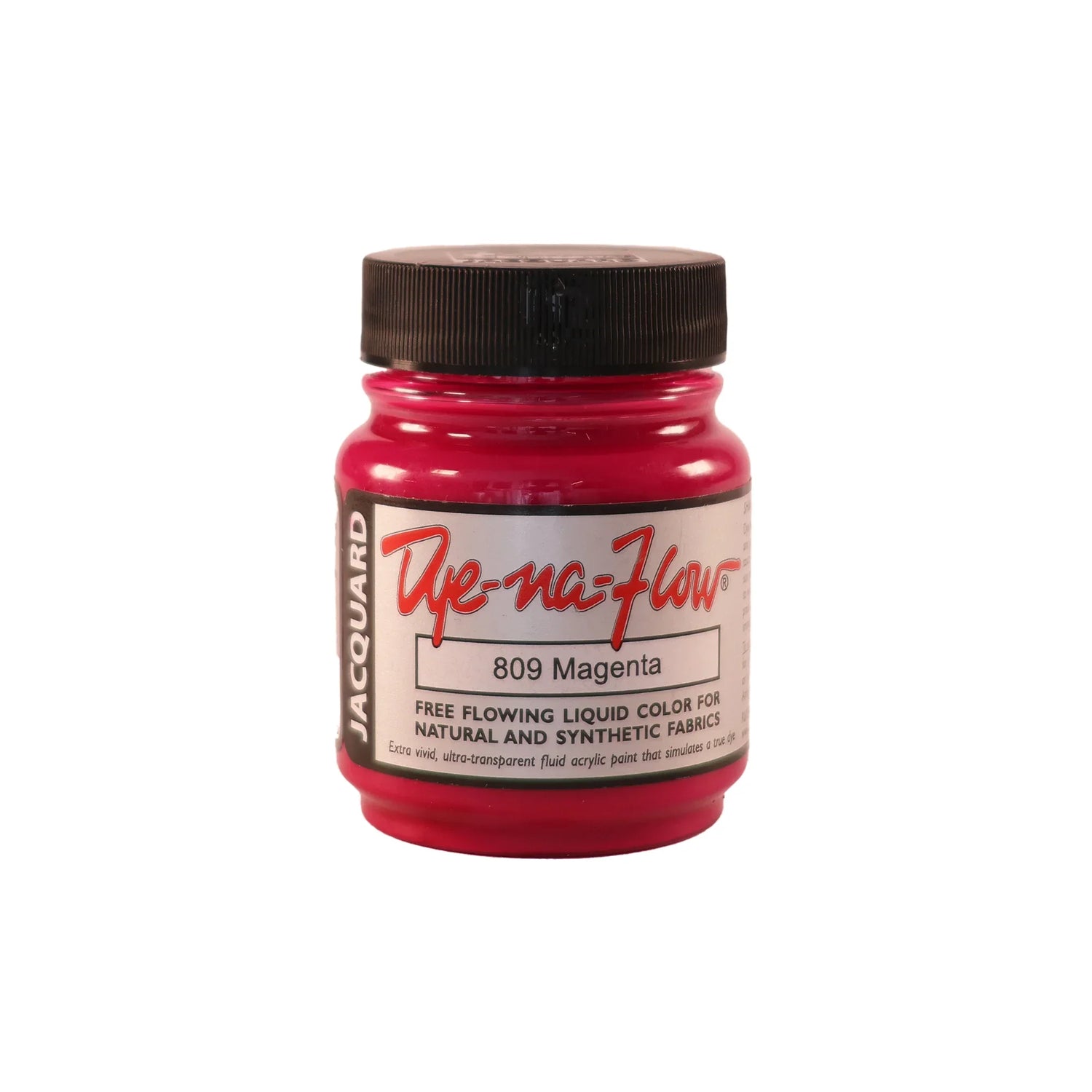 A jar of Jacquard Dye-Na-Flow fabric liquid paint in 809 Magenta colour, intended for use on natural and synthetic fabrics