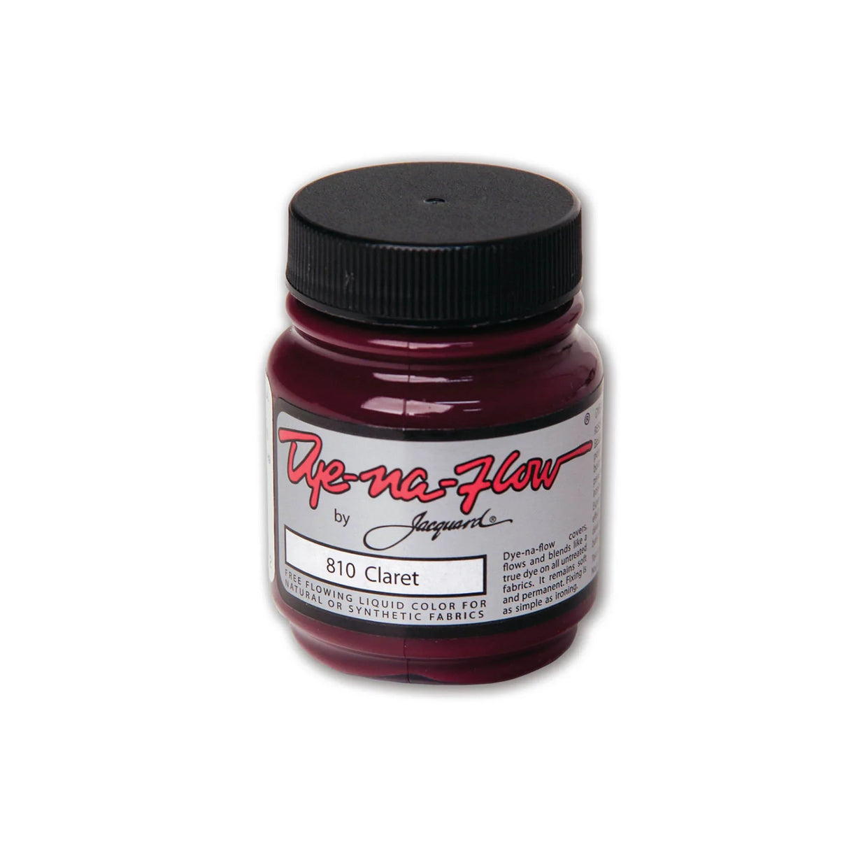 A jar of Jacquard Dye-Na-Flow fabric liquid paint in 810 Claret colour, intended for use on natural and synthetic fabrics
