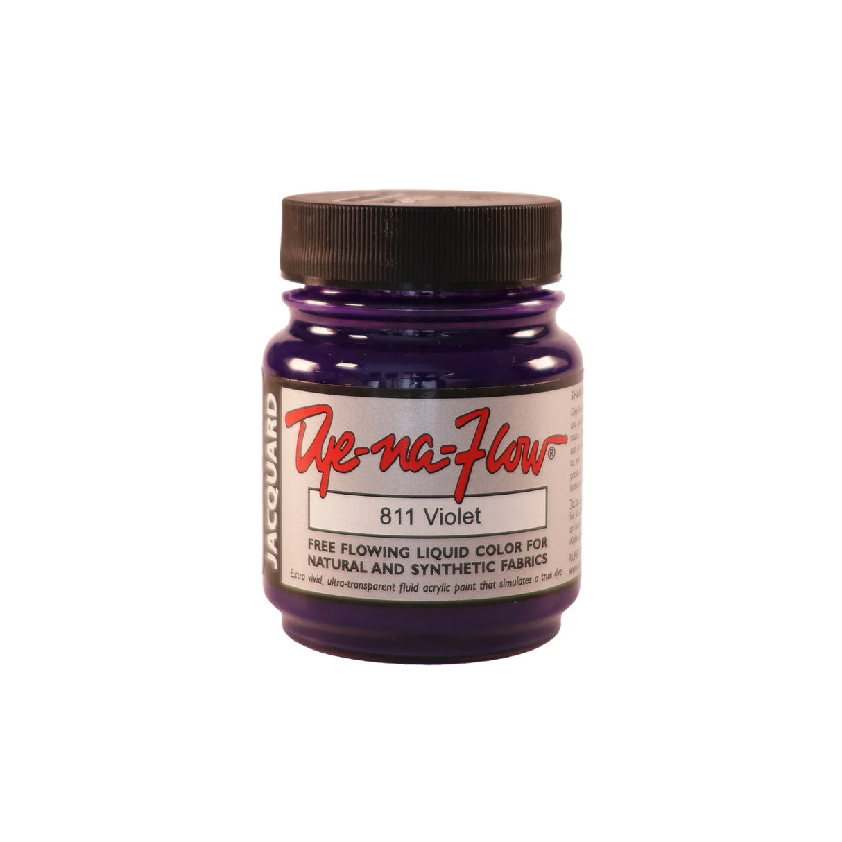 A jar of Jacquard Dye-Na-Flow fabric liquid paint in 811 Violet colour, intended for use on natural and synthetic fabrics