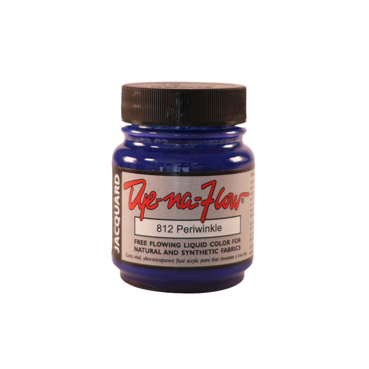 A jar of Jacquard Dye-Na-Flow fabric liquid paint in 812 Periwinkle colour, intended for use on natural and synthetic fabrics