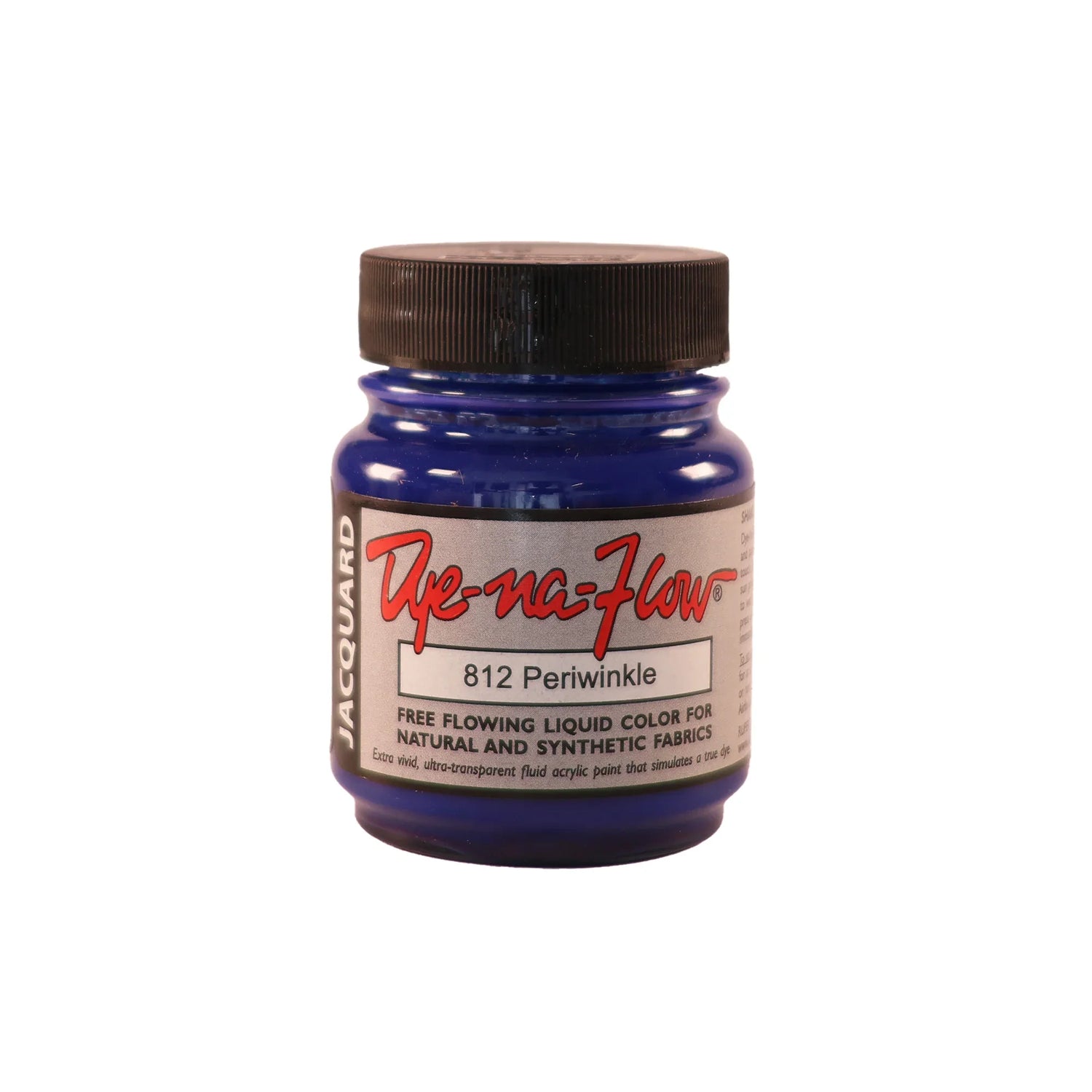 A jar of Jacquard Dye-Na-Flow fabric liquid paint in 812 Periwinkle colour, intended for use on natural and synthetic fabrics