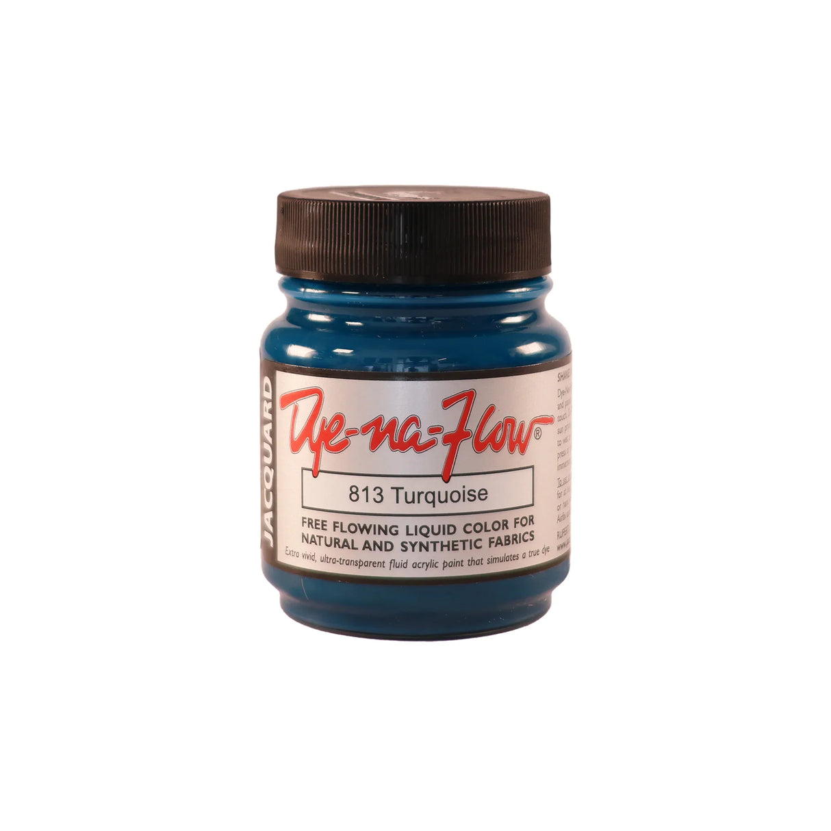 A jar of Jacquard Dye-Na-Flow fabric liquid paint in 813 Turquoise colour, intended for use on natural and synthetic fabrics