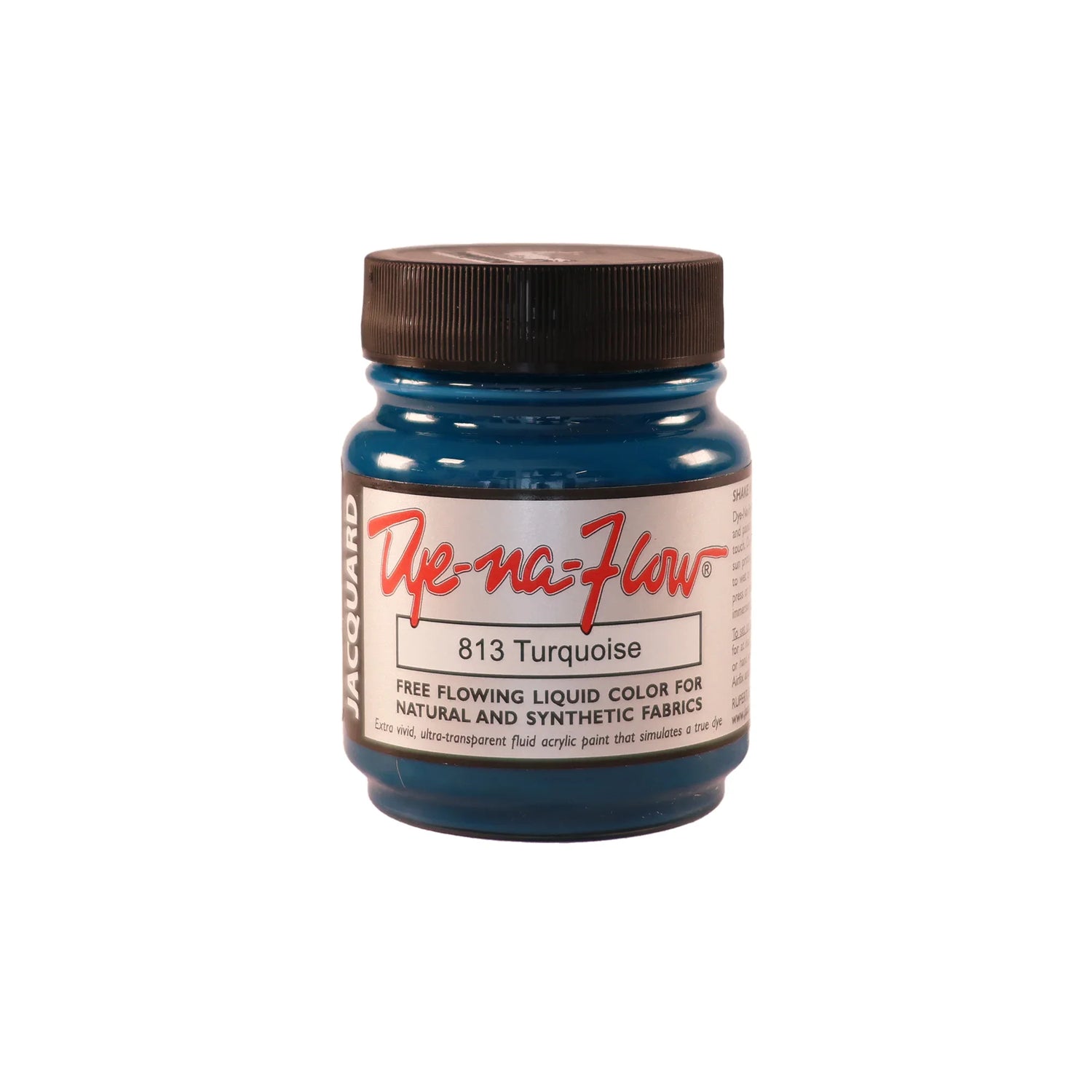A jar of Jacquard Dye-Na-Flow fabric liquid paint in 813 Turquoise colour, intended for use on natural and synthetic fabrics