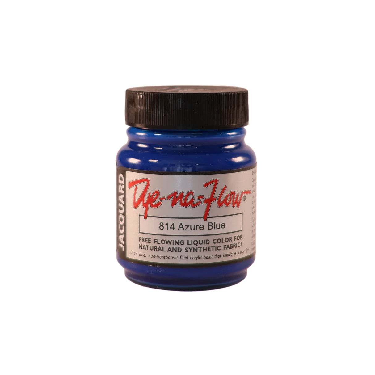 A jar of Jacquard Dye-Na-Flow fabric liquid paint in 814 Azure Blue colour, intended for use on natural and synthetic fabrics
