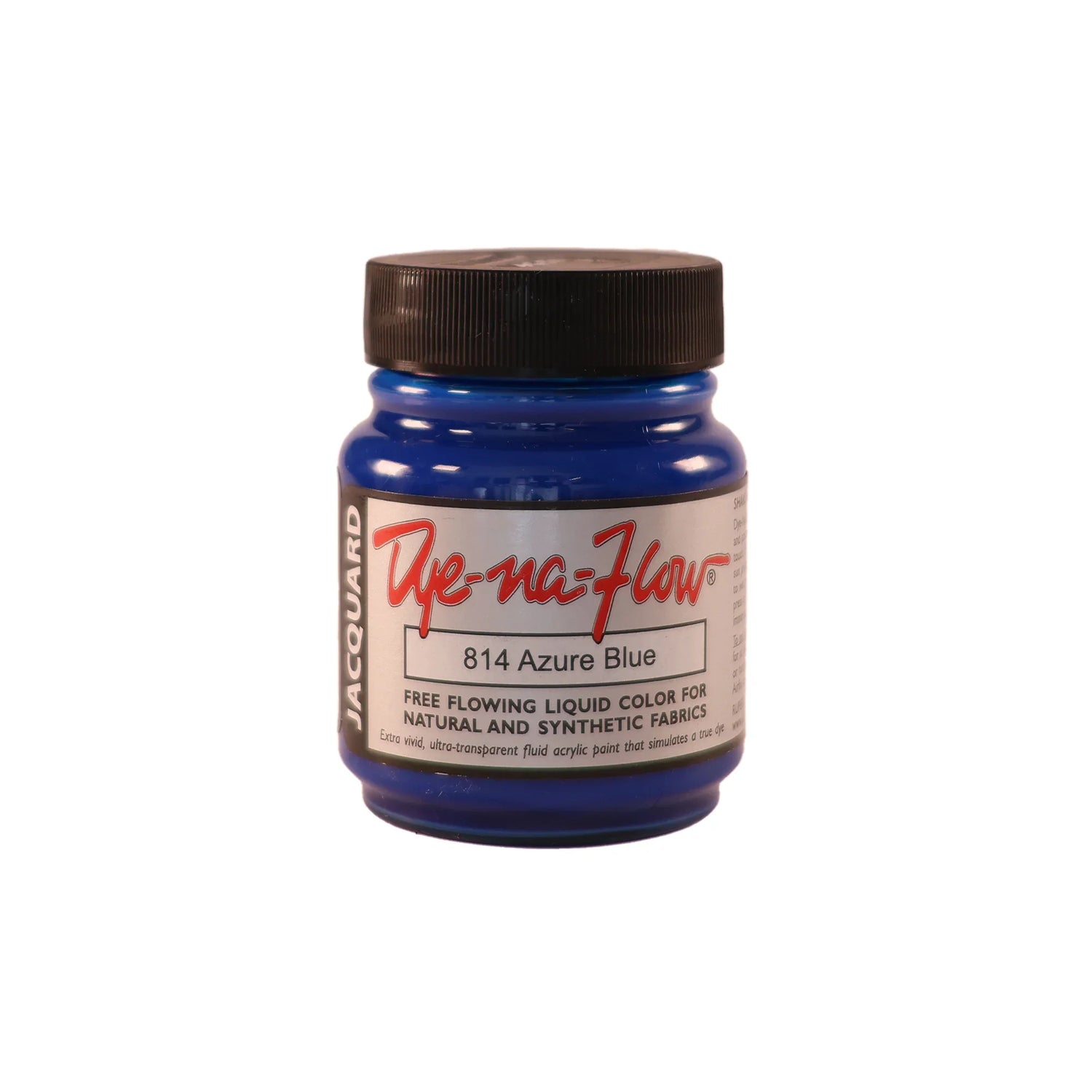 A jar of Jacquard Dye-Na-Flow fabric liquid paint in 814 Azure Blue colour, intended for use on natural and synthetic fabrics