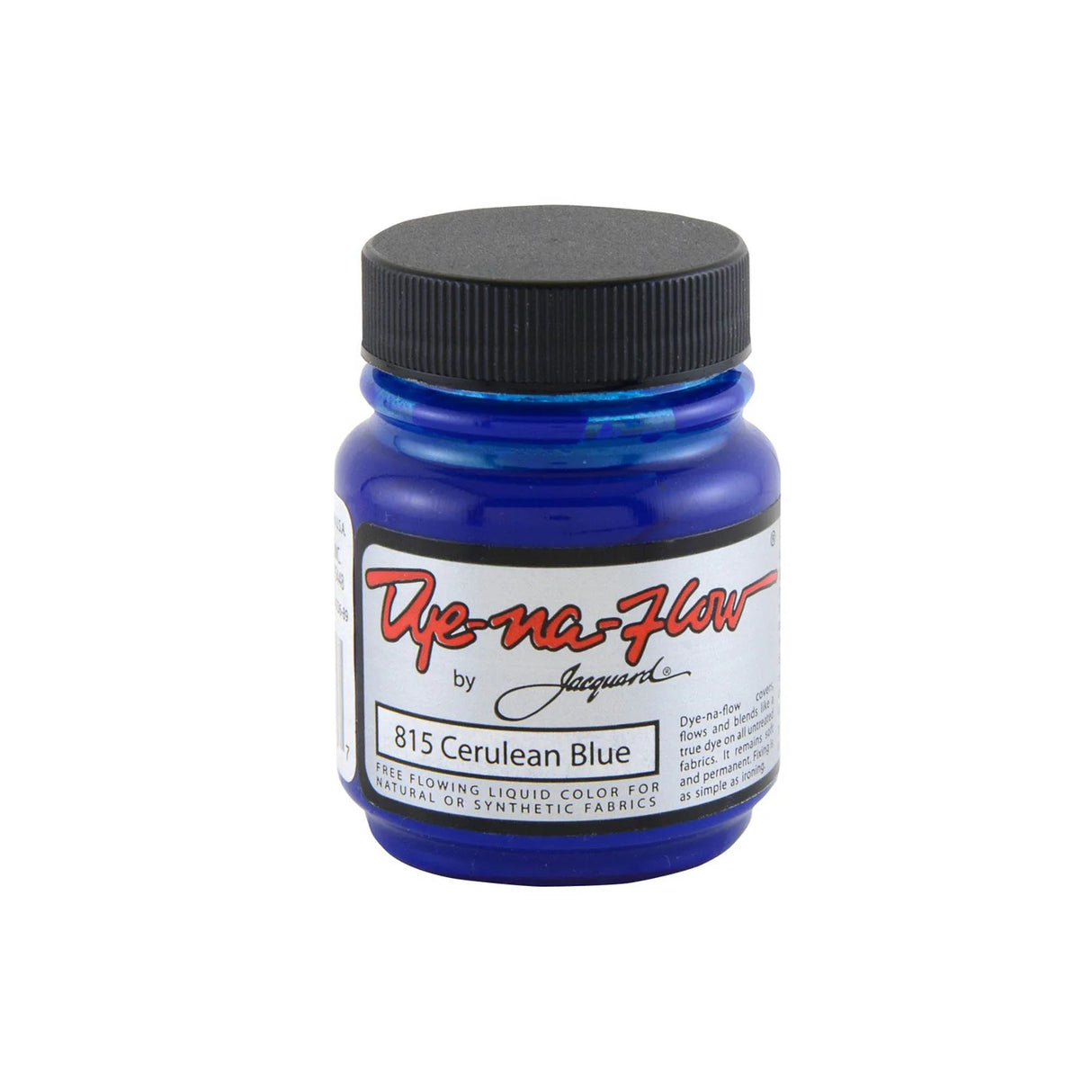 A jar of Jacquard Dye-Na-Flow fabric liquid paint in 815 Cerulean Blue colour, intended for use on natural and synthetic fabrics