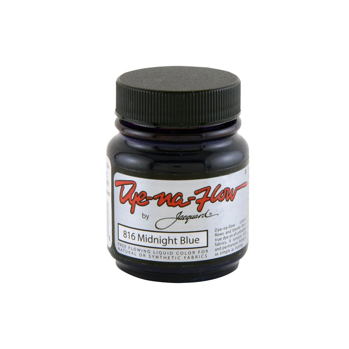 A jar of Jacquard Dye-Na-Flow fabric liquid paint in 816 Midnight Blue colour, intended for use on natural and synthetic fabrics